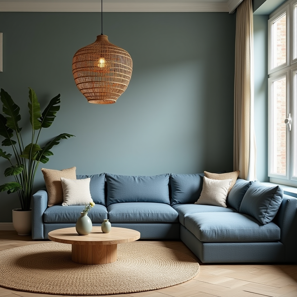 Serene blue living room with natural materials